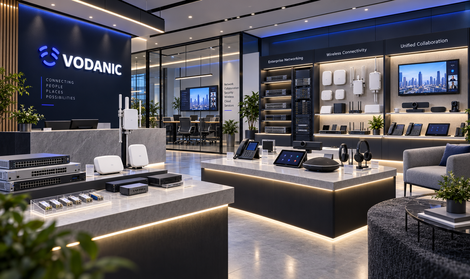 Vodanic branded modern technology showroom with enterprise devices and networking products