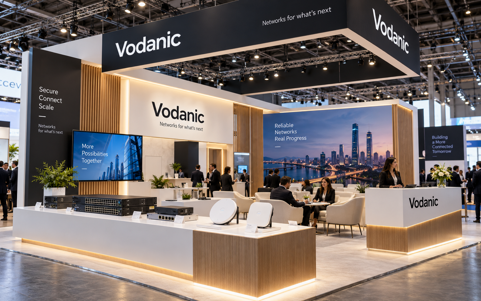 Vodanic networking equipment displayed in a large trade-show environment