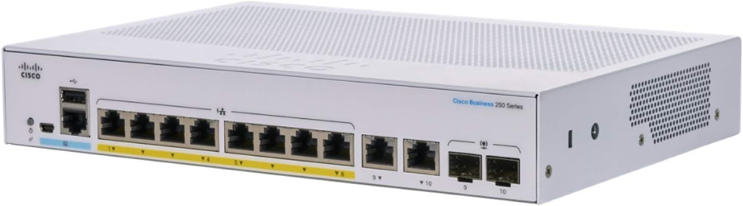 Cisco Business CBS250-8P-E-2G Smart Switch, 8 GE Ports, PoE, External Power Supply, 2 x 1G Combo