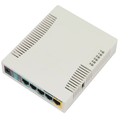 Mikrotik RB951Ui-2HnD 2.4GHz AP with five Ethernet ports and PoE output on port 5. It has a 600MHz C