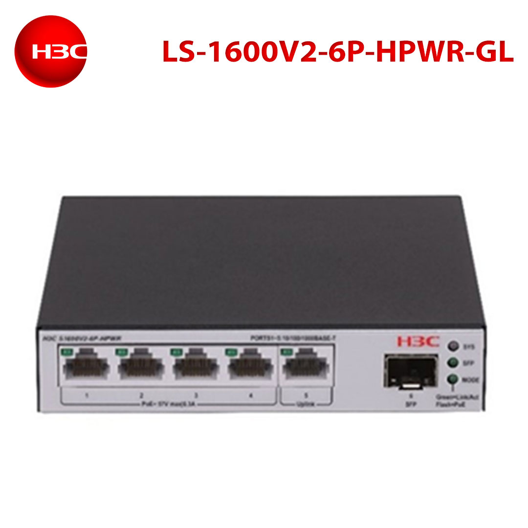 H3C Layer 2 Cloud Smart Managed Switch, S1600V2-6P-HPWR (9801A68X) 5 Ports Giga (4 Ports PoE+ ) with